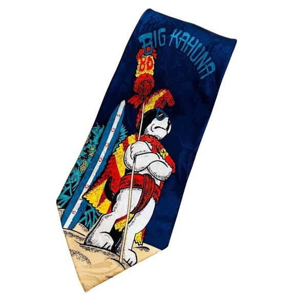 Big Dogs Big Kahuna Beach Warrior Surfboard Men's 100% Silk Tie - Picture 1 of 4
